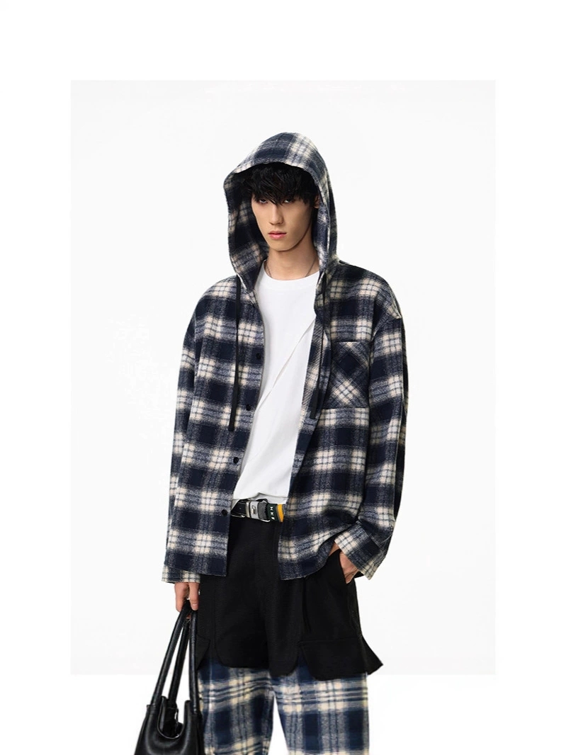 メンズ シャツ メンズ フード付きチェック柄長袖シャツ