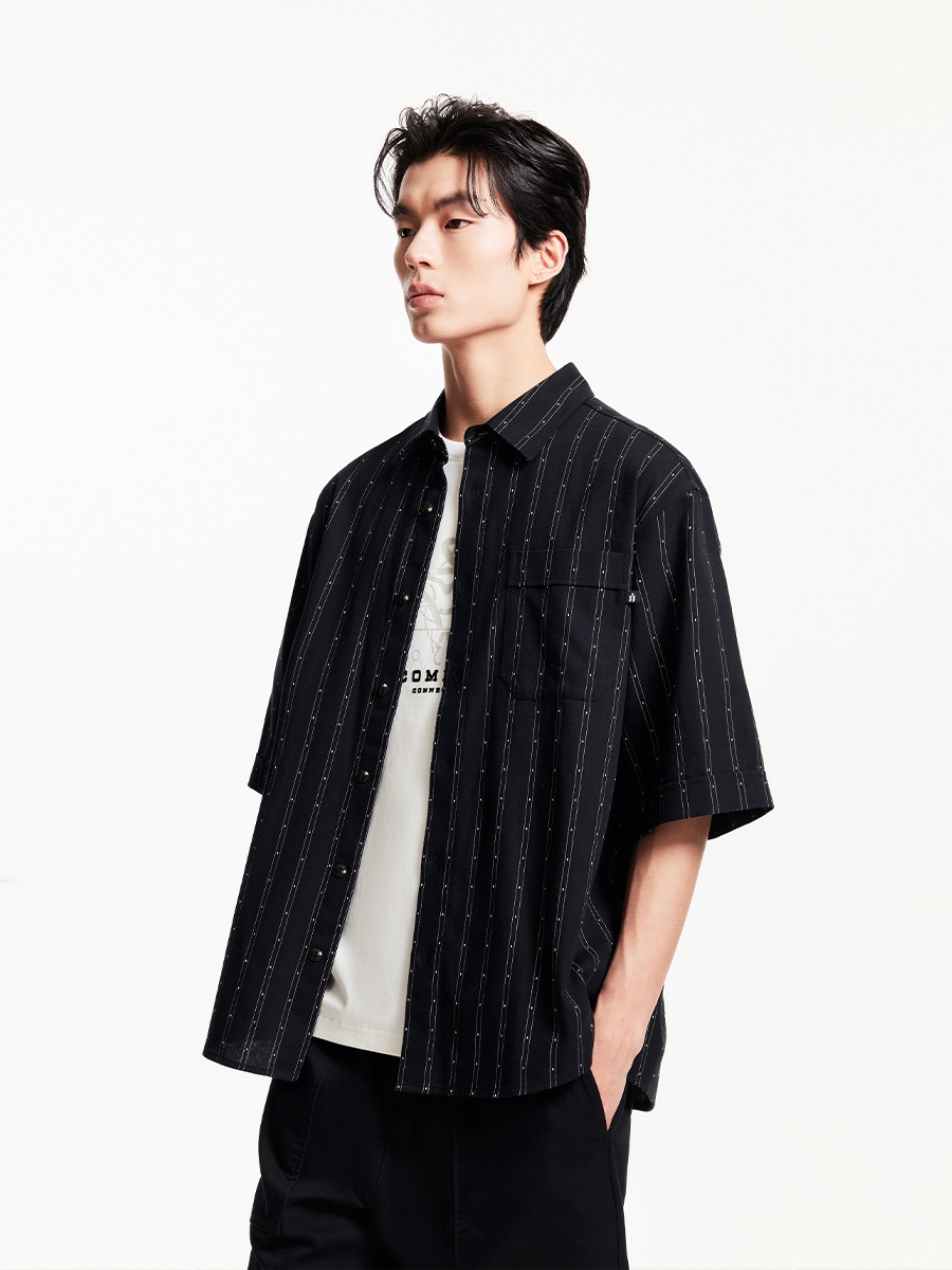 シャツ メンズ 縦縞点線模様の半袖柄シャツ
