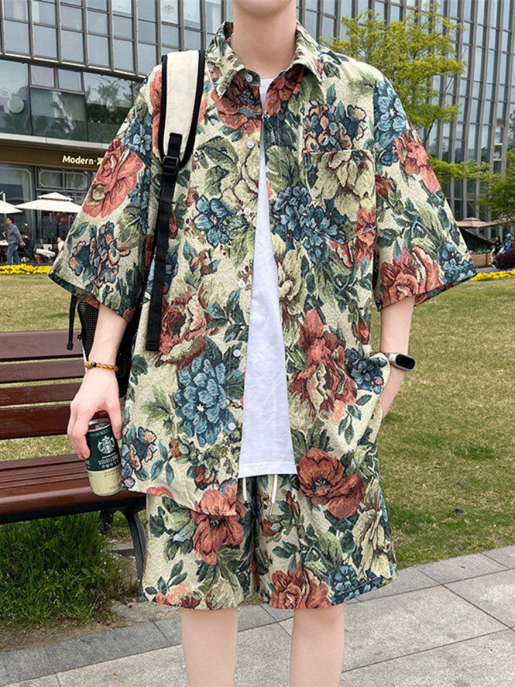 シャツ メンズ 柄シャツ 花園セットアップ 半袖柄シャツ