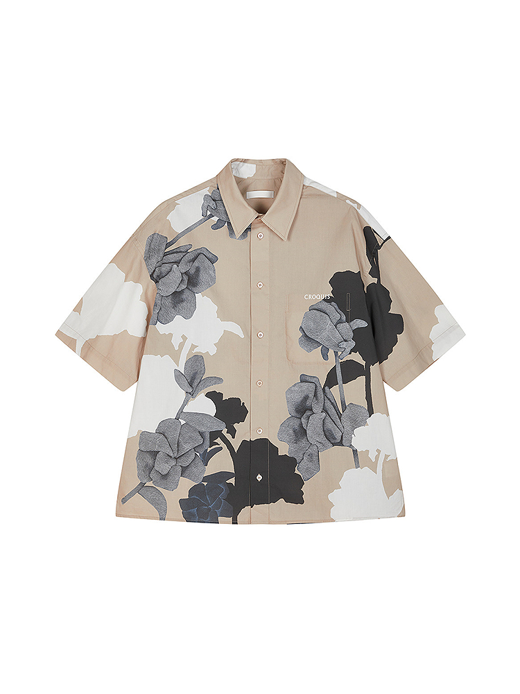 シャツ メンズ 柄シャツ 墨絵風花柄五分袖シャツ