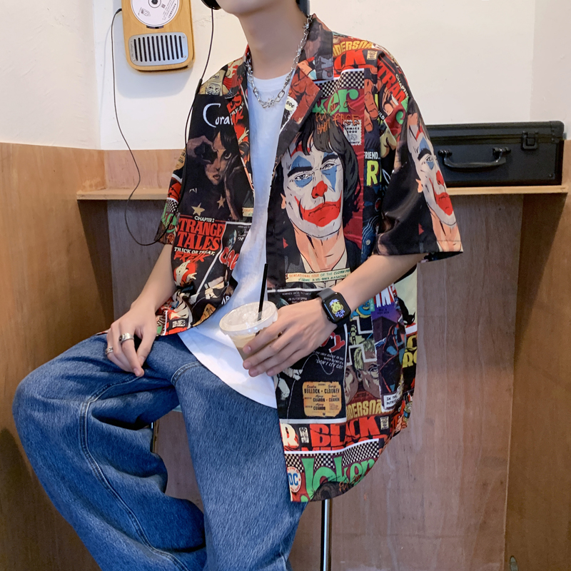 シャツ メンズ 柄シャツ ストリートコミック総柄開襟シャツ
