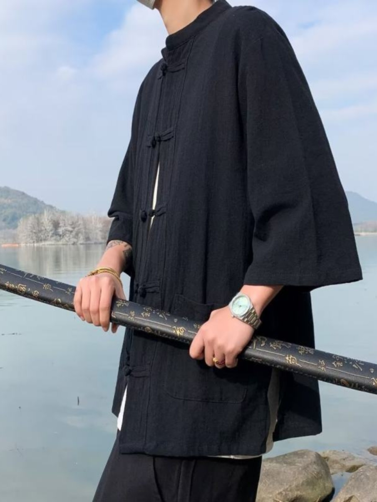 シャツ メンズ 和風チャイナボタン七分袖スタンドカラーシャツ