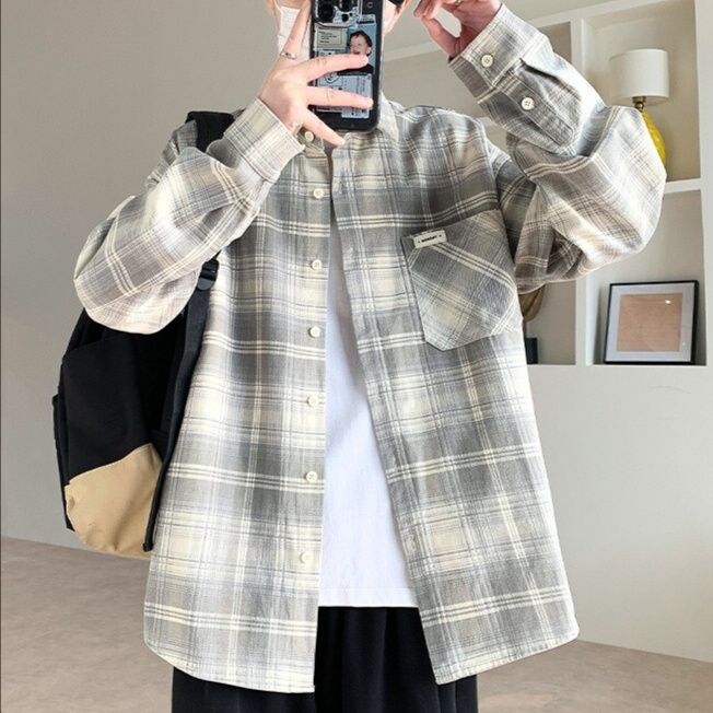 シャツ メンズ チェックシャツ ゆったりシルエット格子柄シャツ