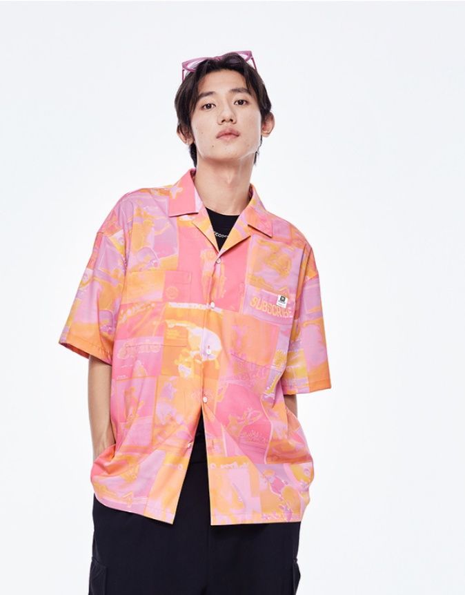 シャツ メンズ 柄シャツ 幻想模様オープンカラー半袖シャツ
