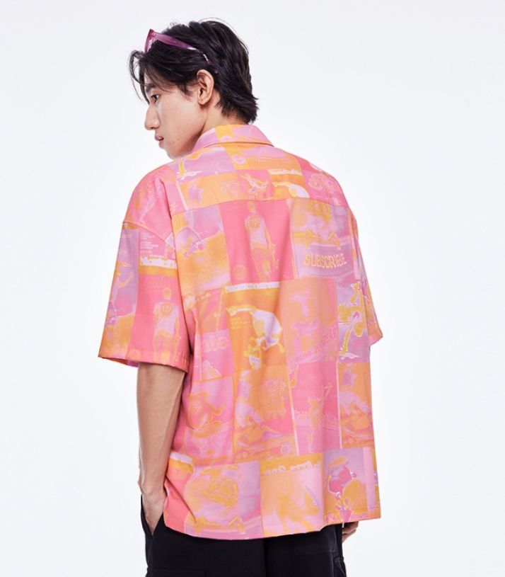 シャツ メンズ 柄シャツ 幻想模様オープンカラー半袖シャツ