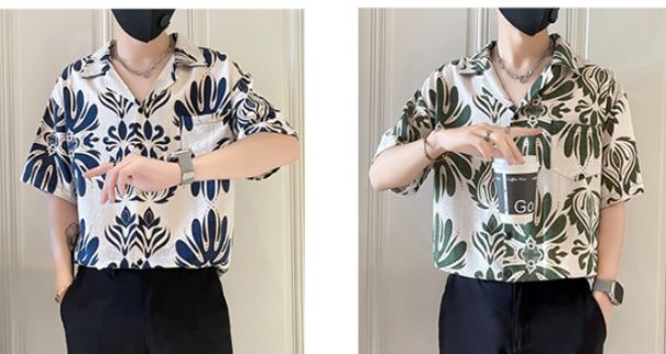 シャツ メンズ 柄シャツ 華麗な草花模様 開襟半袖シャツ