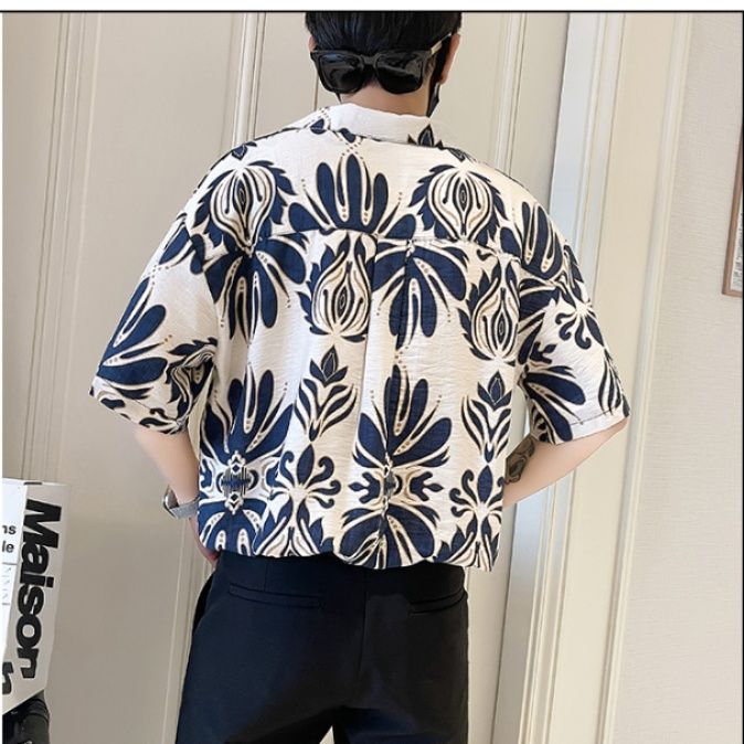 シャツ メンズ 柄シャツ 華麗な草花模様 開襟半袖シャツ
