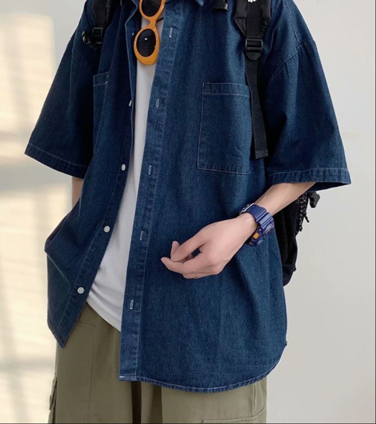 シャツ メンズ デニムシャツ ゆったり五分袖デニムシャツ