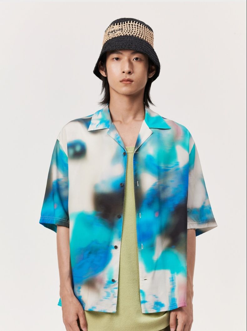 シャツ メンズ 柄シャツ 水彩模様半袖開襟シャツ