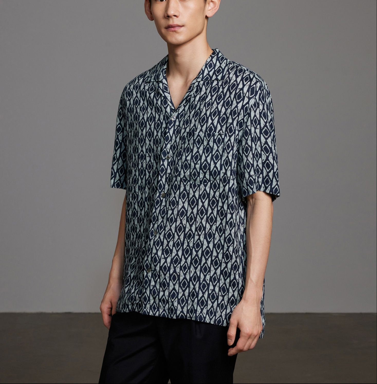 シャツ メンズ 柄シャツ 菱形模様の開襟半袖シャツ