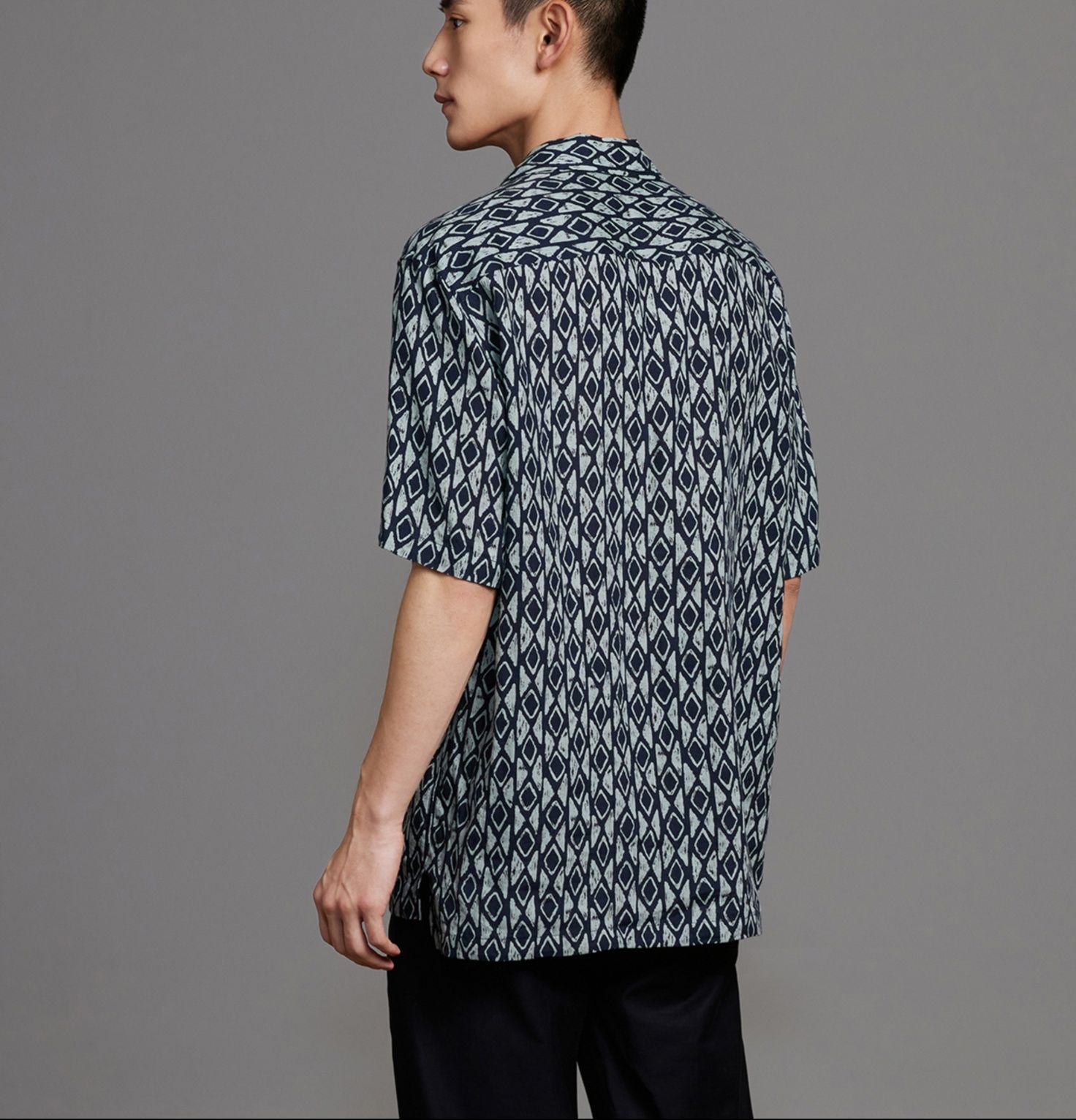 シャツ メンズ 柄シャツ 菱形模様の開襟半袖シャツ
