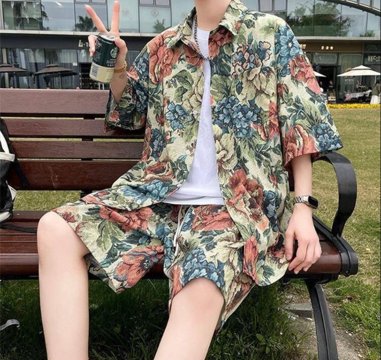 シャツ メンズ 柄シャツ 花園セットアップ 半袖柄シャツ