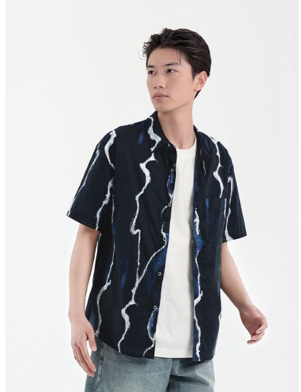シャツ メンズ 柄シャツ 波模様ストライク半袖シャツ