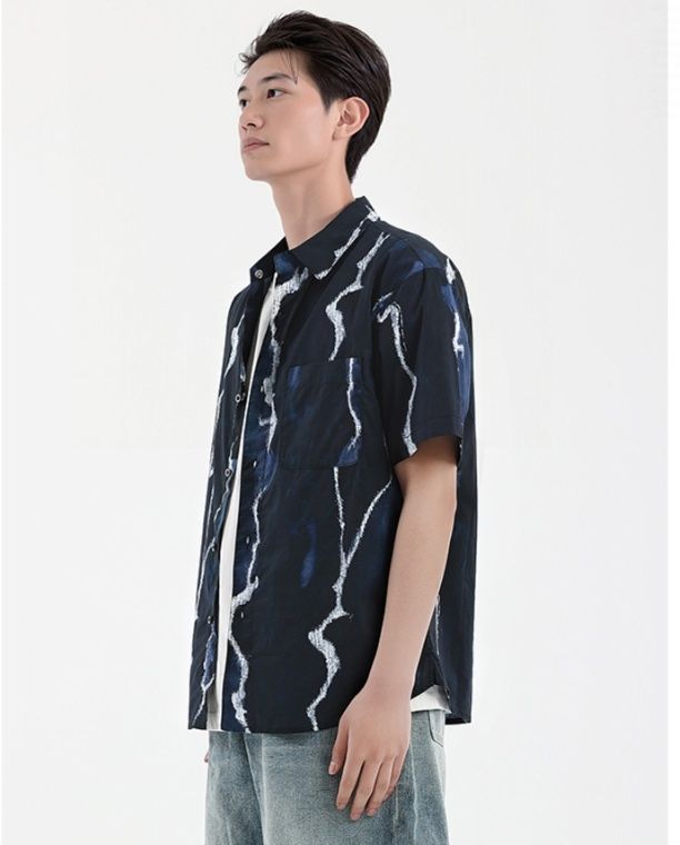 シャツ メンズ 柄シャツ 波模様ストライク半袖シャツ