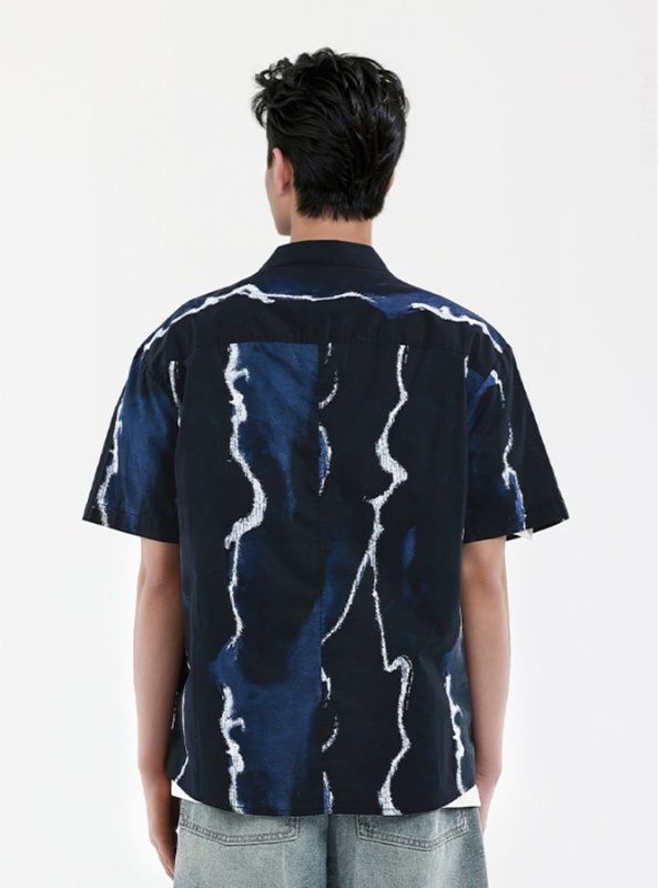 シャツ メンズ 柄シャツ 波模様ストライク半袖シャツ
