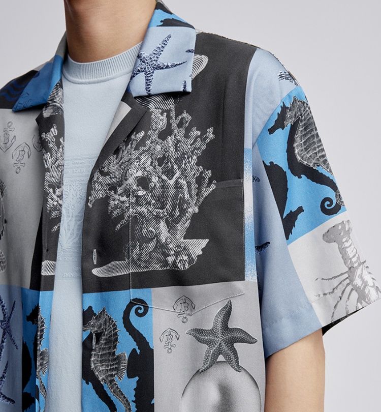 シャツ メンズ 柄シャツ 海洋生物プリント開襟半袖シャツ