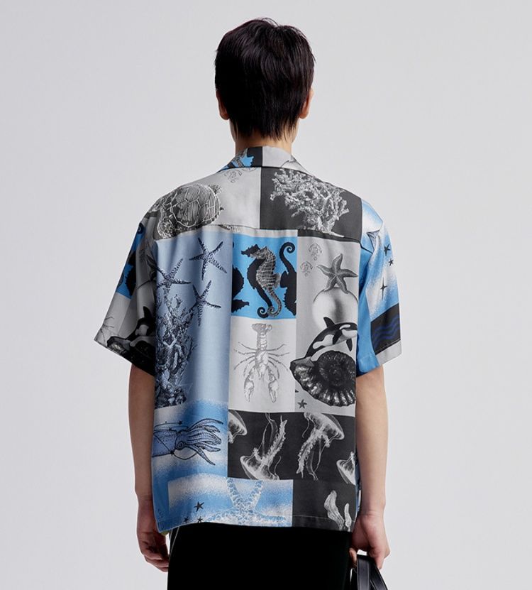 シャツ メンズ 柄シャツ 海洋生物プリント開襟半袖シャツ