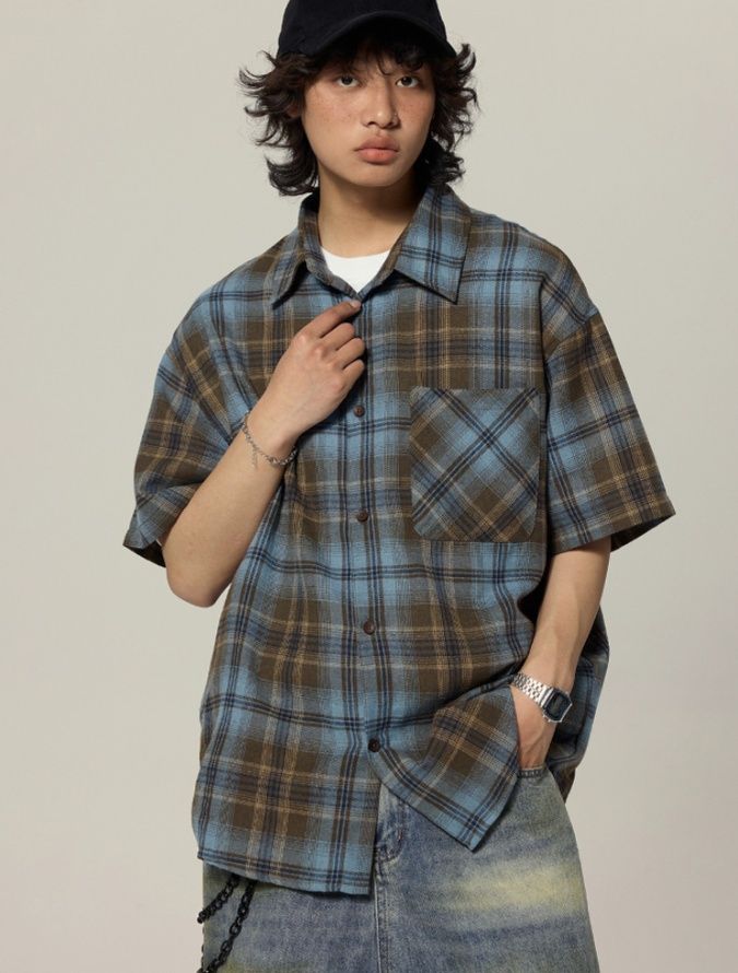 シャツメンズ チェックシャツ ゆったり半袖チェックシャツ