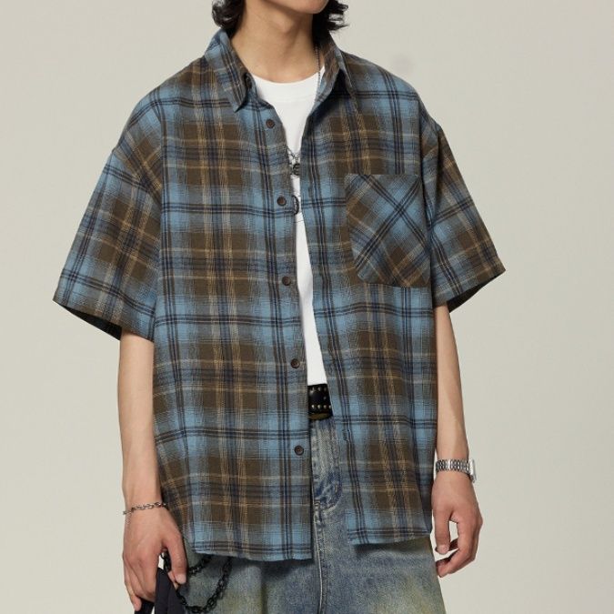 シャツメンズ チェックシャツ ゆったり半袖チェックシャツ