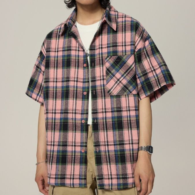 シャツメンズ チェックシャツ ゆったり半袖チェックシャツ