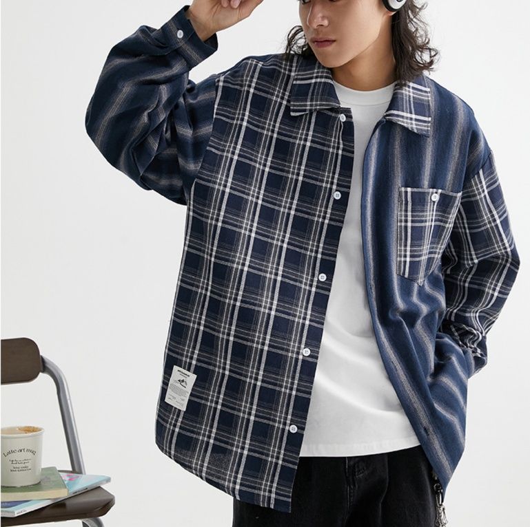 シャツ メンズ メンズ 切り替えデザイン柄シャツ 長袖 ネイビー 春夏新作