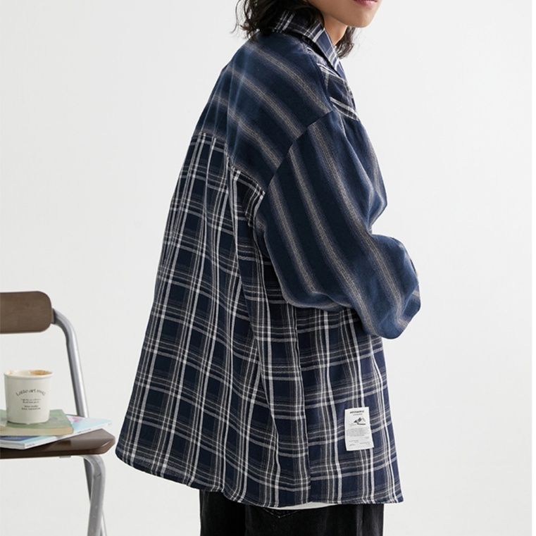 シャツ メンズ メンズ 切り替えデザイン柄シャツ 長袖 ネイビー 春夏新作