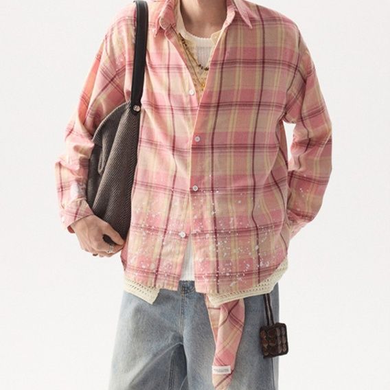 チェックシャツ メンズ 長袖 パステル系 春夏新作 ゆったりシルエット