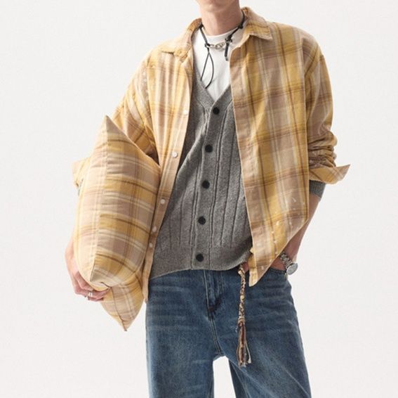 チェックシャツ メンズ 長袖 パステル系 春夏新作 ゆったりシルエット