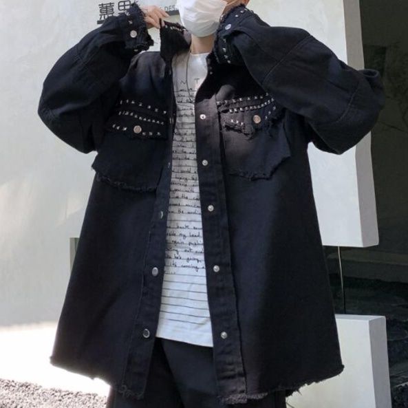 シャツ メンズ メンズ デニムシャツ スタッズ付き カジュアル 長袖 黒