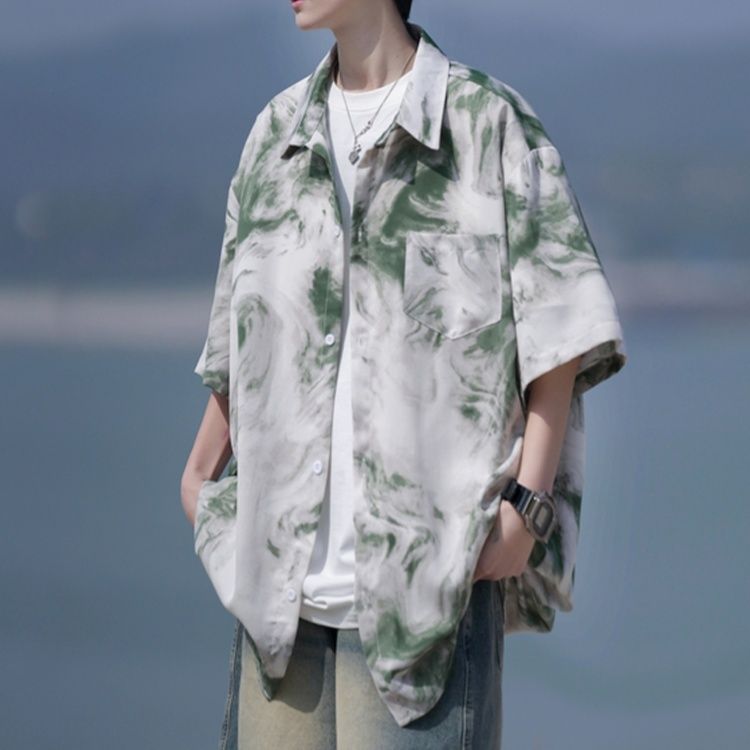 シャツ メンズ 柄シャツ 大理石風マーブル半袖シャツ