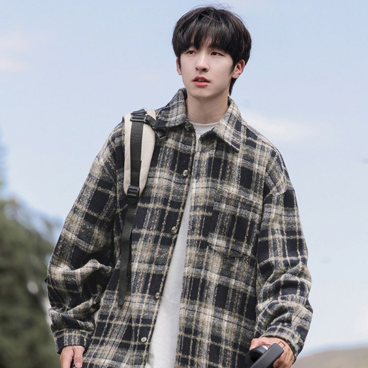  チェック柄ゆったりシルエットメンズネルシャツ