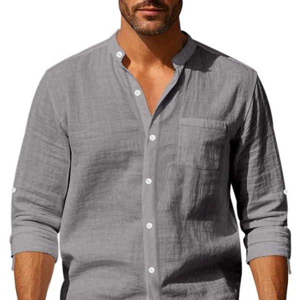 メンズ シャツ 天然素材リネン混紡長袖スタンドカラーシャツ
