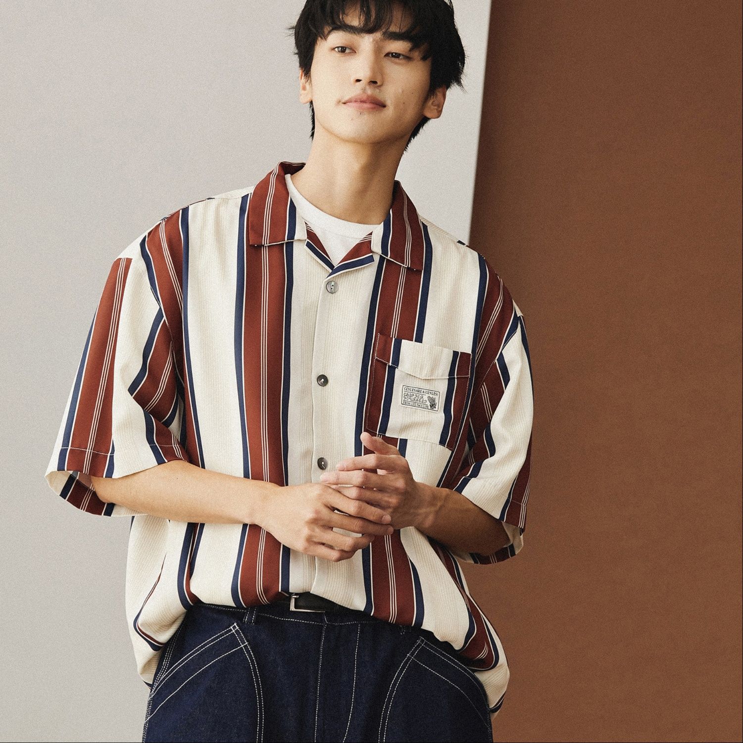 メンズ シャツ 縦ストライプ開襟半袖シャツ