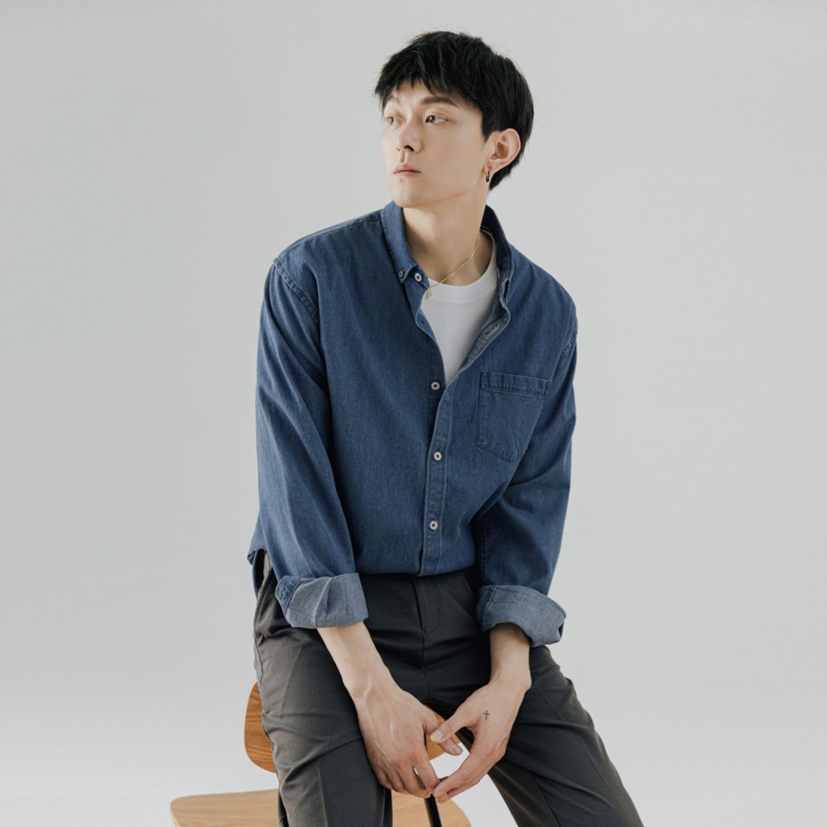 メンズ シャツ ゆったりシルエット長袖ボタンダウンデニムシャツ