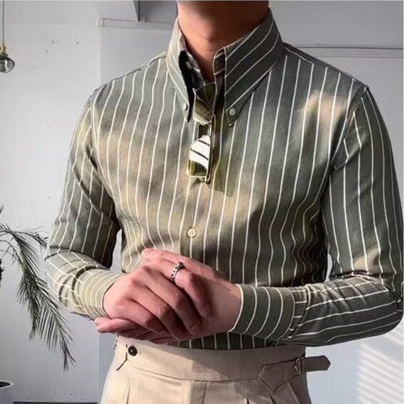 メンズ シャツ 縦縞ストライプ柄長袖ボタンダウンシャツ 柄シャツ