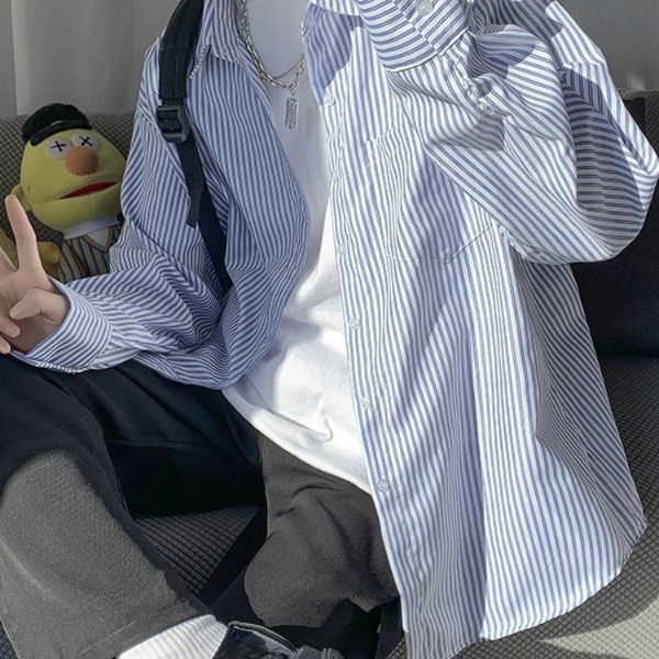メンズ シャツ 爽やかストライプ柄ゆったりオーバーサイズシャツ