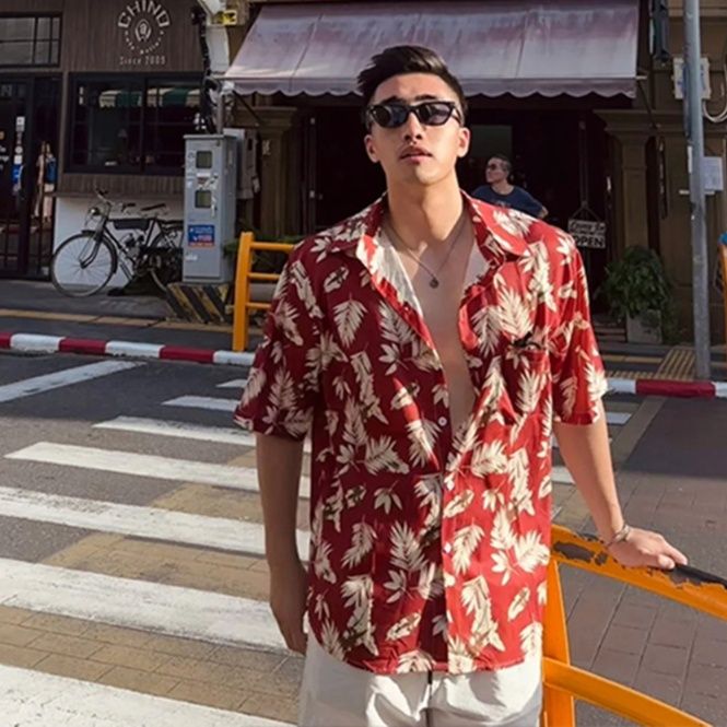 メンズ シャツ トロピカルリーフ柄開襟半袖アロハシャツ