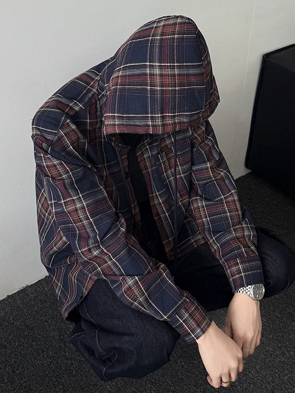 メンズ シャツ メンズ フード付き チェック柄 長袖シャツ