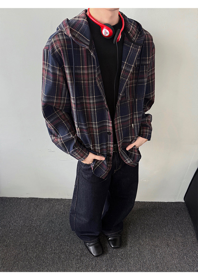 メンズ シャツ メンズ フード付き チェック柄 長袖シャツ