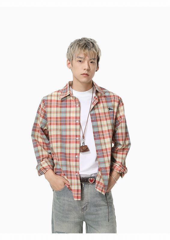 メンズ シャツ 刺繍入りチェック柄シャツ メンズカジュアルトップス