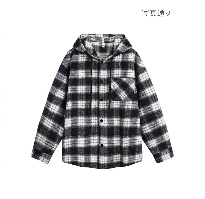 メンズ シャツ メンズ フード付きチェック柄長袖シャツ