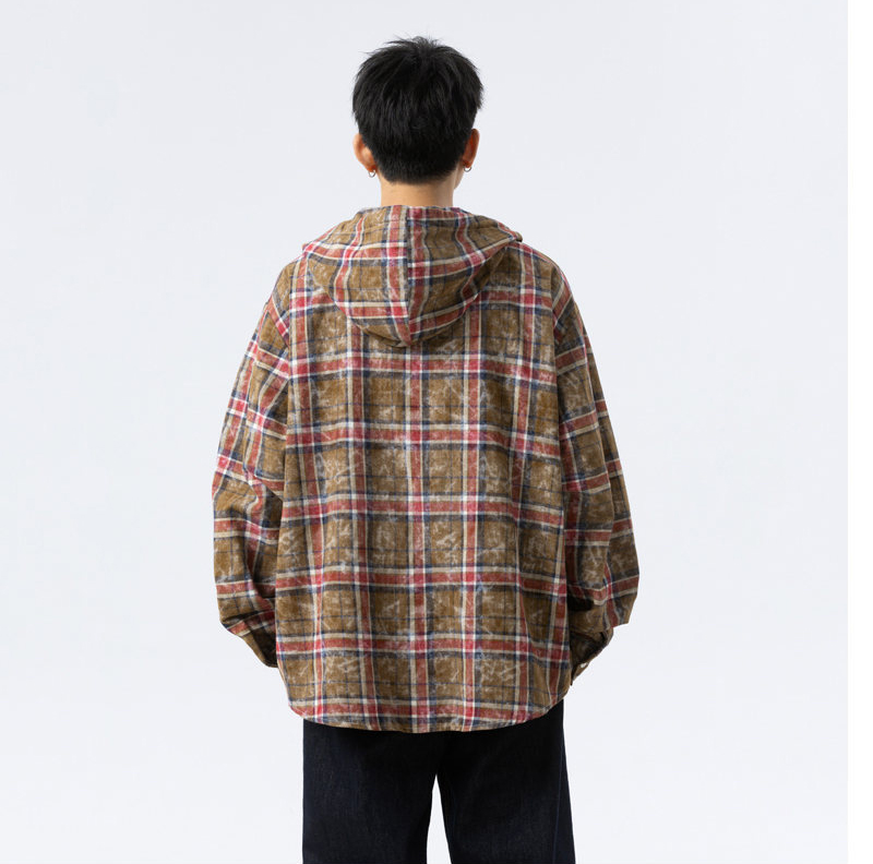 メンズ シャツ メンズ フード付きチェック柄長袖シャツ