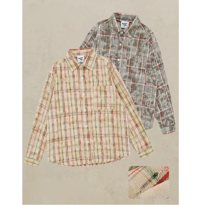 メンズ シャツ ダメージ加工チェック柄長袖シャツ