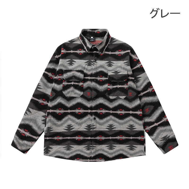 メンズ シャツ メンズ エスニック風長袖柄シャツ 幾何学柄 秋冬新作