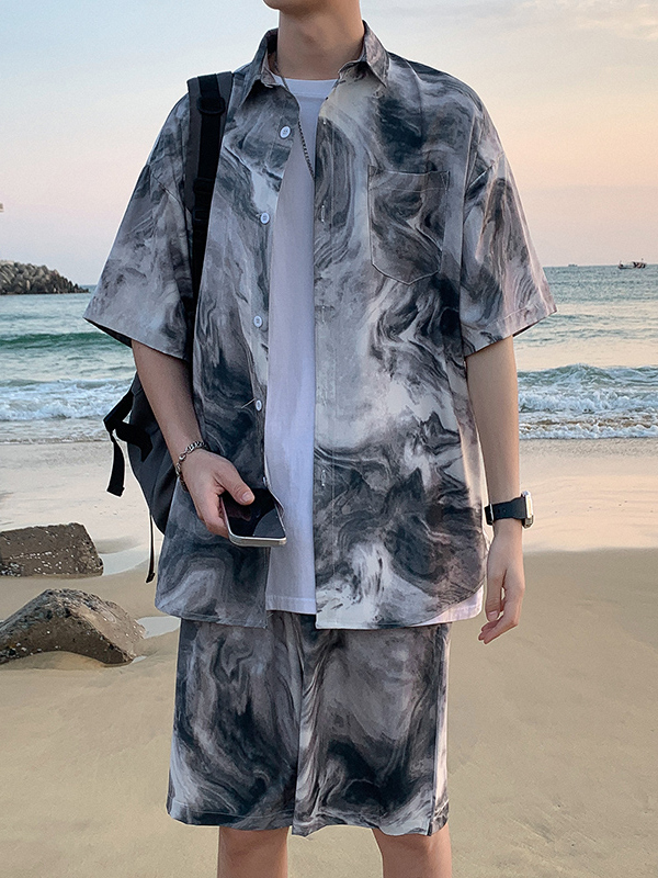 シャツ メンズ 柄シャツ 大理石模様の夏季セットアップシャツ