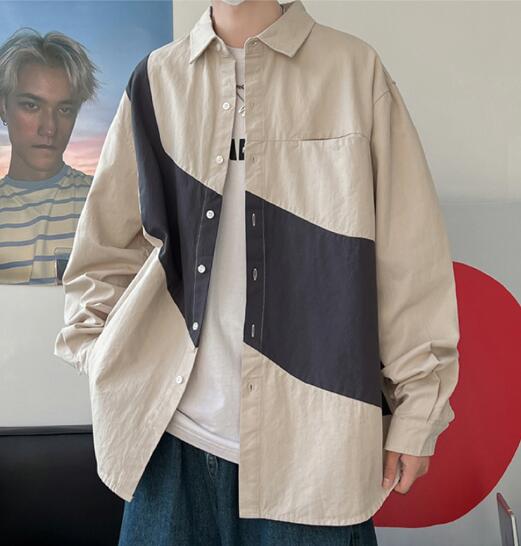 メンズ シャツ 秋冬メンズ配色切替長袖シャツ