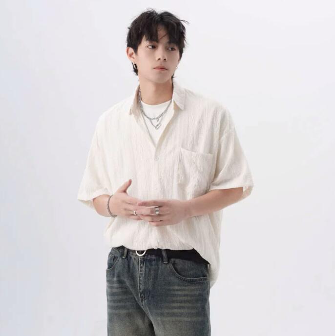 メンズ シャツ メンズ半袖シャツ白無地ゆったり古着風カジュアル