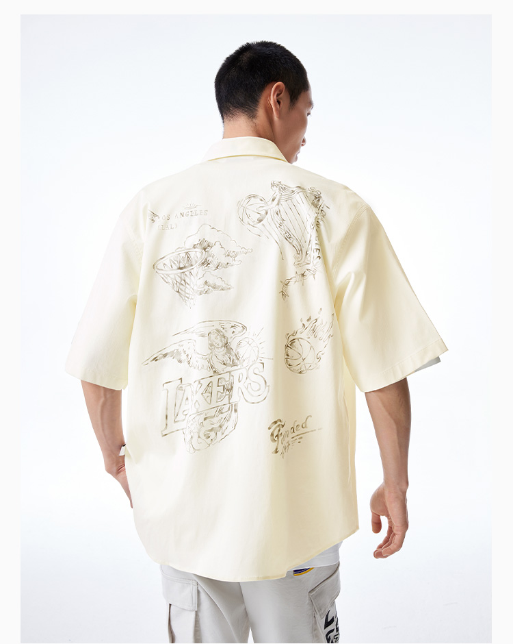 シャツ メンズ 刺繍入り半袖スタンドカラーシャツ