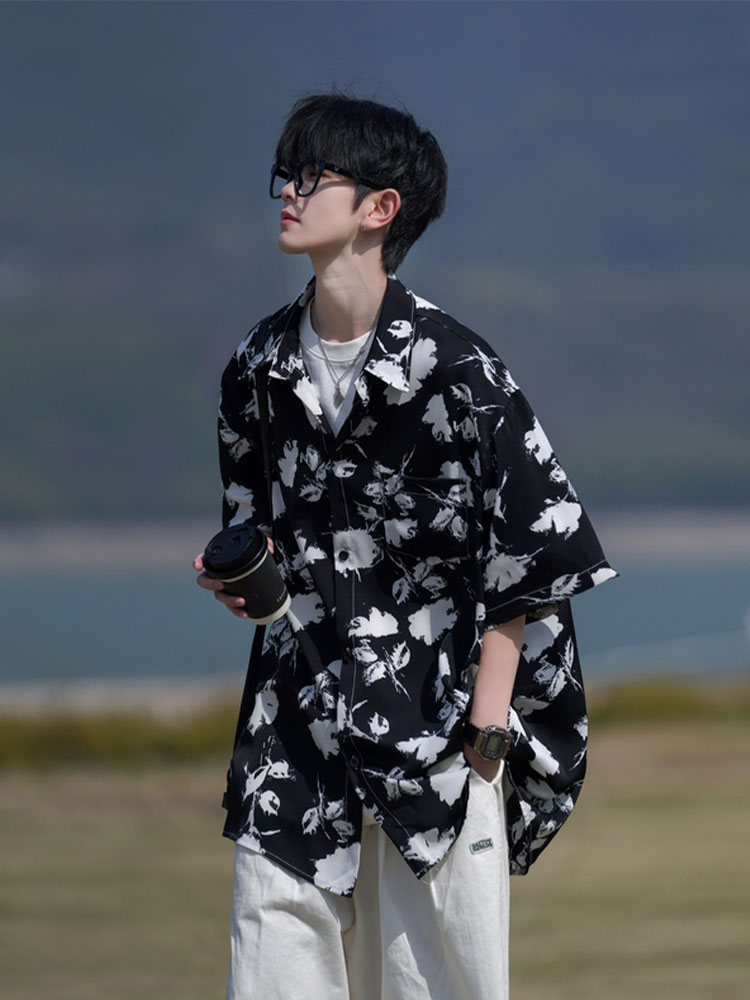 シャツ メンズ アロハシャツ 墨流し花柄オープンカラーアロハシャツ