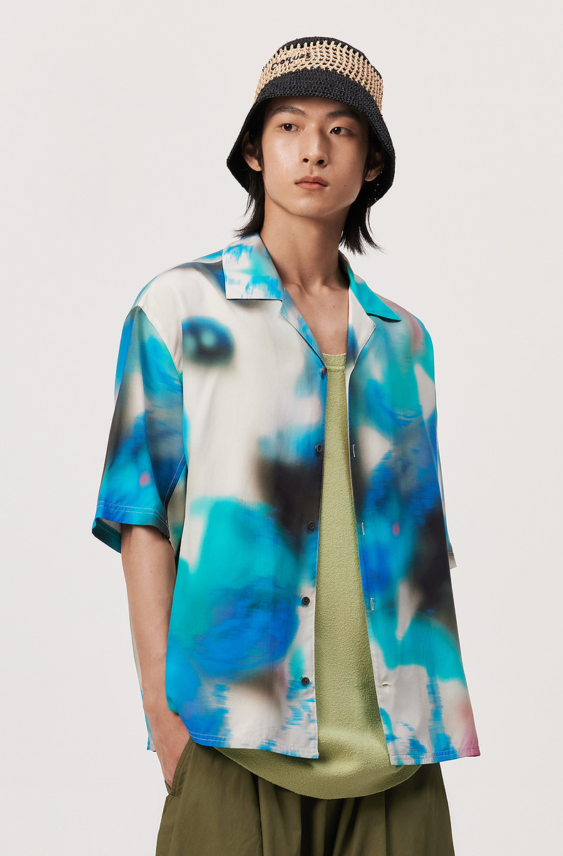 シャツ メンズ 柄シャツ 水彩模様半袖開襟シャツ